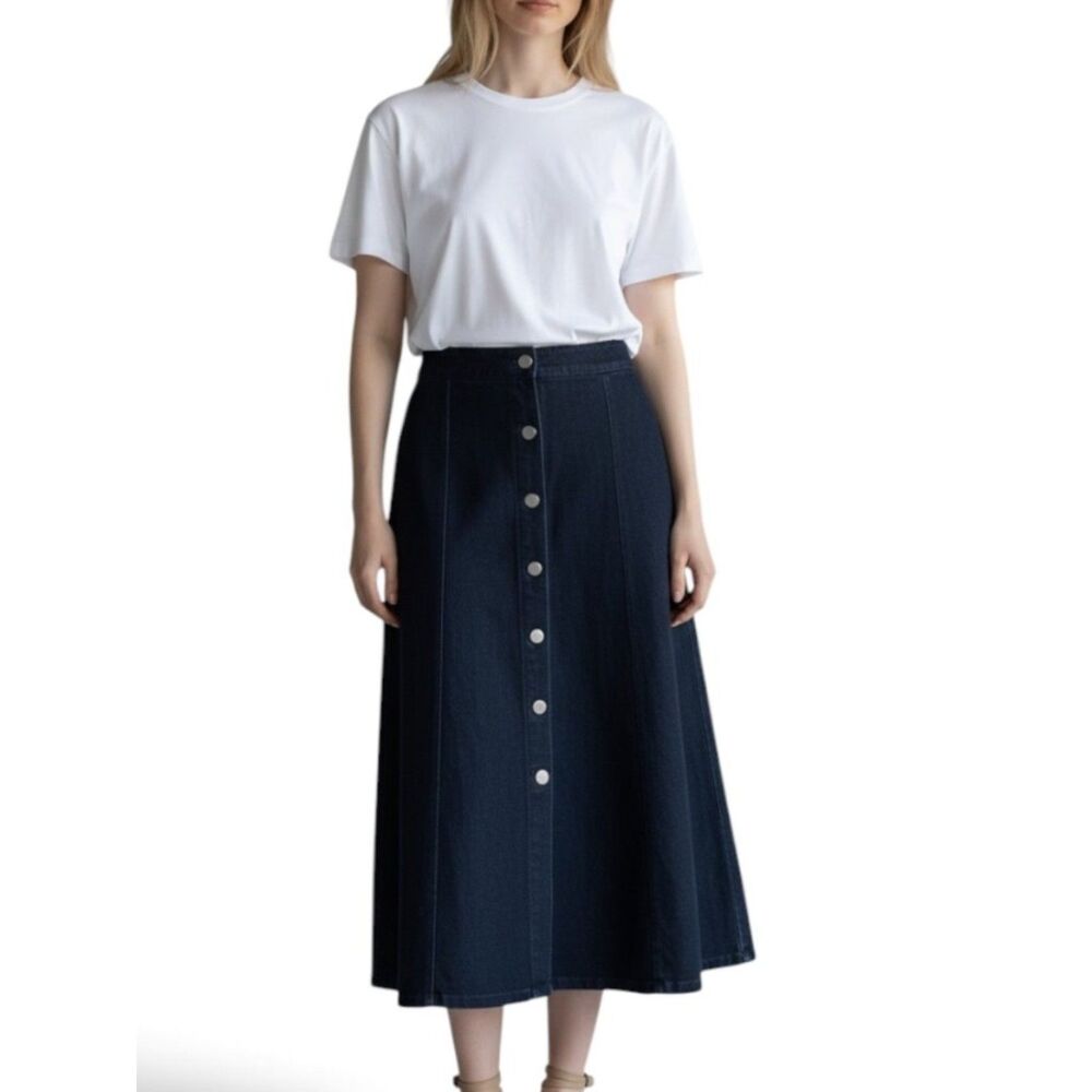 Unbranded Classic 8 Gore Denim Button Front Midi Skirt Dark Wash Indigo Large